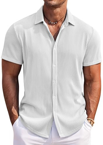 COOFANDY Camisa de hombre de manga corta, corte regular, camisa de verano, sin planchado, con botones, informal, para la playa, Blanco, L