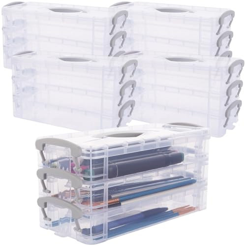 APACALI 4 Pack 3 Tier Stackable Pencil Box, 21.5 x 10 x 10.5cm Pen Storage Box with Snap, Plastic Pencil Storage Case Box, Pencils Storage Box for Office Home Supplies, Grey