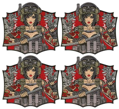 Set mit 4 – japanisches taktisches Mädchen – Yakuza-Tattoo – Wakizashi-Messer – Moral-Patch – Bügeln/Heißsiegel-Rückseite – bestickter Aufnäher/Abzeichen/Emblem