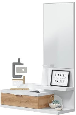 amuéblate online Ingresso con cassetto e specchio, mobile da ingresso, modello California, dimensioni: 81 cm (larghezza) x 116 cm (altezza) x 29 cm (profondità), legno, bianco Artik e rovere Nodi