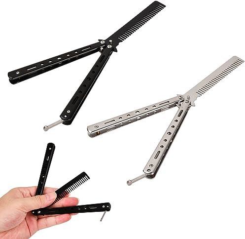 2 Stück Butterfly Kamm aus Edelstahl, Schmetterlings-Kamm, Schmetterlingskamm, Faltbarer Taschenkamm Klappkamm, Metall Trainer Kamm, Tragbarer Trainings Kamm für Haar Barber Haarstyling Zubehör