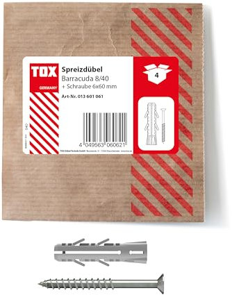 TOX 8x40 mm Spreizdübel Barracuda Schraube, Dübel mit sehr hohen Haltewerten für Vollstein und Beton, 4 Stück in Einer wiederverschließbaren und umweltschonenden Papierverpackung, 013601061, Grau
