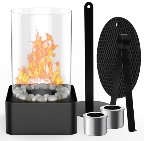 Tischkamin,Tischfeuer Outdoor,Bioethanol Tischkamin Edelstahl mit Weiße Dekosteine,Isoliermatte & 2 Brennkammern,Feuertisch Feuerstelle Kleiner Kamin für Indoor & Outdoor Balkon Terrasse Garten Deko
