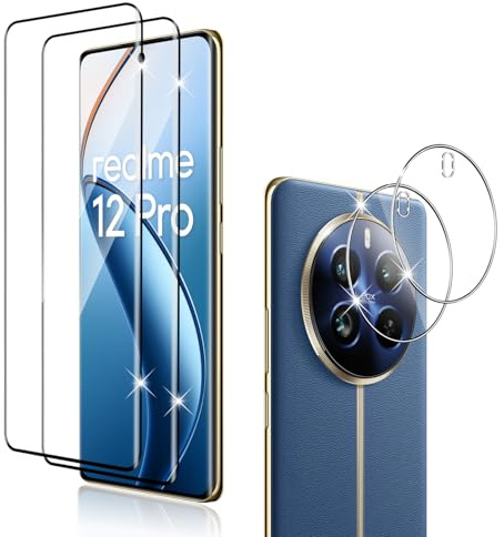 Holilo Para Realme 12 Pro/Realme 12 Pro Plus [2+2 Piezas] Protector de Pantalla Cristal Templado + Protector cámara, 9H Dureza HD Vidrio Templado Anti-Arañazos Sin Burbujas Glass Screen Protector