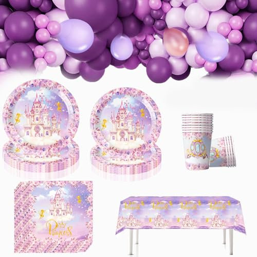201PCS Castle Theme Birthday Party Tableware Set Purple Pink Balloon Birthday Decoration Supplies Plates Napkins Cups Tablecloth Camping Adventure Party Table Decor First Disposable Tableware Set