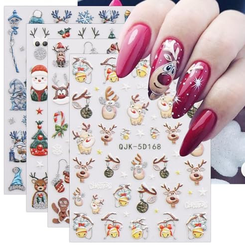 JMEOWIO 3D Embossed Glitter Christmas Nail Art Stickers Decals Self-Adhesive 5D Holiday Winter Cute Snowflake Nail Supplies Nail Art Design Decoration Accessories 4 Sheets
