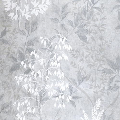 Floral Leaves Grey Silver Wallpaper - Botanical Leaf Naturistic Metallic Shine Effect - Stylish Trendy Feature Wall