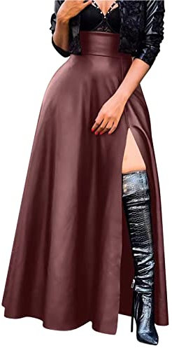 Damen Lederrock schwarz sexy plissee Rock midi schwarz Hochgeschlitzter unregelmäßiger Halter-Lederrock Leder Skater Rock Vintage Retro Röcke mit Schlitz Casual Freizeitrock