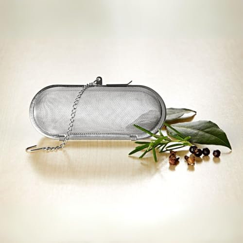 3 PAGEN® ovales Gewürzsieb zum Kochen – Kräutersieb mit Kette und Haken einhängen am Topfrand – pflegeleicht und langlebig dank Edelstahl – vielfältige Einsatzmöglichkeiten für Gewürze, Kräuter & Tee