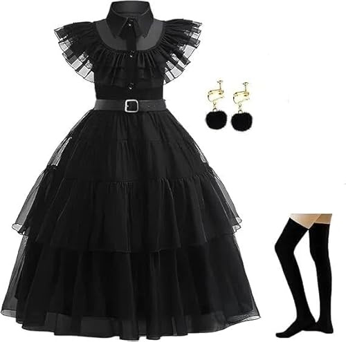Dekewe Kostüm Kinder Gothic Kleid Mädchen, Filmheldin Cosplay Kostüm Set Karneval Kos-tüm Mädchen Mit Perücke Ohrringe Gürtel Socken, Kinder Faschingskostüm Mäd-chen für Karneval Halloween Party