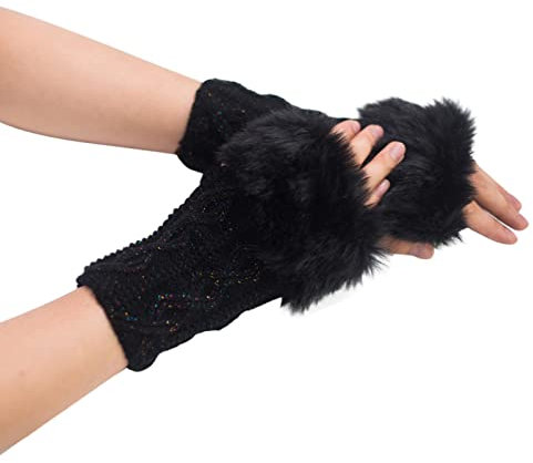 Generisch Rote Handschuhe Damen Latex Offene Fingerhandschuhe aus Diamantwolle für Damen Kunstwolle Halbfingerhandschuhe Kurze Handschuhe Lederhandschuhe Damen Fingerlos Schwarz (Black, A)