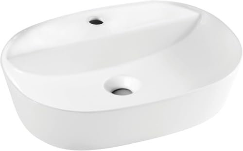 VBChome Lavabo de cerámica blanco ovalado con agujero para grifo, 60 x 40 cm, lavabo de cerámica, lavabo en el baño