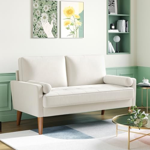 Meskanu Couch 2 Sitzer, 121 cm Samt Kleines Sofa mit 2 Wurfkissen, Modern Mini Sofa, Getuftetes Kleine Couch für Wohnzimmer/Schlafzimmer/Büro/Wohnung, Weiß