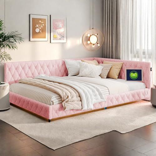Polsterbett 140x200, Tagesbett mit LED und USB, Rosa Kinderbett mit Lattenrost, Teddy Fleece Einzelbett Schlafsofa Daybett, ohne Matratze