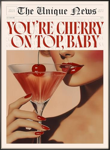 STYLER Bild Cherry 50x70 cm (AUFHÄNGFERTIG) mit elegantem Rahmen – Frau mit Cocktail und Kirsche – Stilvolles Wandbild Modern Dekorativ Hochwertig Retro
