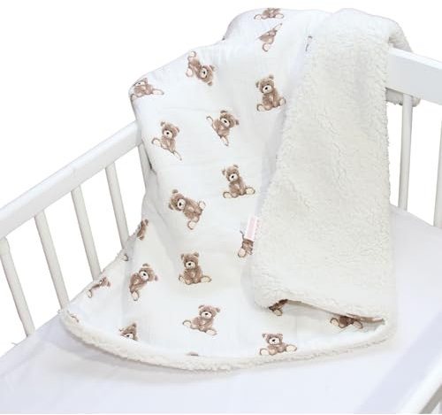 Babylux Musselin & Teddy Kuscheldecke – 100x75 cm – Weich, Warm & Zweiseitig für Kinderwagen & Babybett (D6 - Bärchen)