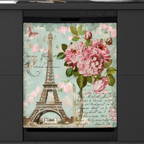 Mexpekil Cubierta magnética para lavavajillas, torre Eiffel rosas, cubierta magnética retro para lavavajillas, 66 x 53 pulgadas, cubierta magnética para cocina y lavavajillas