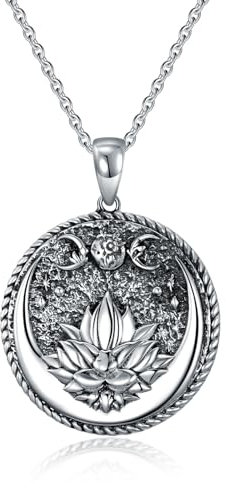 Shusukue Triple Moon Goddess Kette Dreifachmond-Göttin Halskette 925 Sterling Silber Lotus-Anhänger Heidnischer Mystik-Schmuck & Wicca-Amulett für Damen und Herren