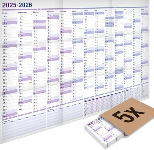 5er-Pack: Yohmoe® XXL Wandkalender 2025 2026 im Format 98x68 cm, gefalzt. Ideal als Jahresplaner 2025/26 oder Schuljahreskalender 2025/2026 Wand