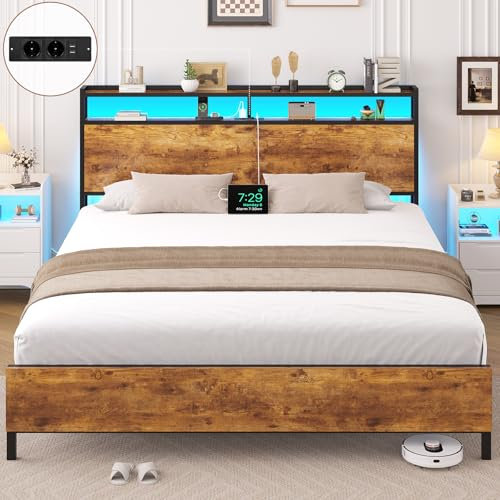 Brinlawb Bett 160x200 mit Lattenrost aus Metall, Doppelbett mit LED Beleuchtung und Ladestation (2 AC-Steckdosen 2 USB-Anschlüsse) Bettrahmen Bettgestell 160x200cm mit Holzkopfteil und Stauraum, Braun