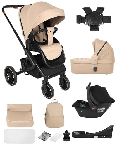 BabyVoyage 4 in 1 Kinderwagen 0-48 Monate, Buggy mit Zwei Umkehrbaren Schiebemodi, Rahmen Aluminiumlegierung, Zusammenklappbargleiten, Vollfederung, 5 Punkt Sicherheitsgurt Buggy,Hohe Landschaft-Khaki