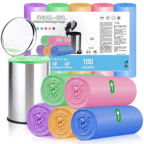 XIQIYY Farbige Müllbeutel 15L, Auslaufsicher Für Badezimmer, 100 Stück | Für Kleine Mülleimer, Einfach Einzulegen Und Zu Entfernen, Praktische Größe Für Den Alltag