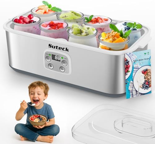 Suteck Yogurt Maker - Stainless Steel Yogurt Makers with Adjustable Time & Temp Control,Automatic Shut-Off & Constant Temper for Homemade Greek, Probiotic Yogurt, BPA-Free 8 Glass Jars (48 oz)
