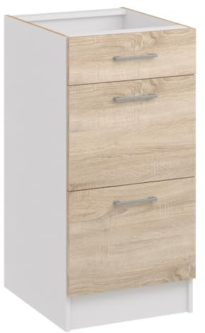 roe furniture Küchenunterschrank 40 cm Breite mit 3 Schubladen – Unterschrank – Küchenschrank 40×82×44 cm – Stauraumschrank aus Holzwerkstoff, melaminbeschichtet, Bodenaufstellung