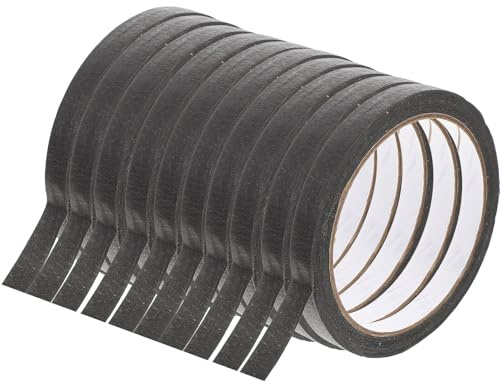 ULTECHNOVO Set 10 Pezzi Nastro Adesivo Washi Nero 10Mm X 20M Nastro per Mascheratura in Carta Artigianale Resistente al Calore per Pittura Decorativa e Lavori Artistici su Vetro Legno e