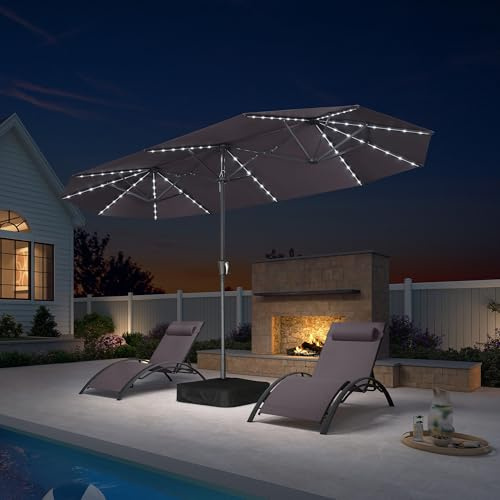 PURPLE LEAF Marktschirm 400 × 200 cm mit LED Doppelsonnenschirm, Hellgrau | 84 Solar-LEDs-4 h Licht, Stabiler Rostschutz-Rahmen, Sicherer Bolzen-Schutz, UV-Schutz Polyester, Leichte Kurbelbedienung
