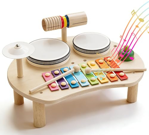 Kids Drum Set for Toddlers, Wooden Musical Instruments Toy with Drum