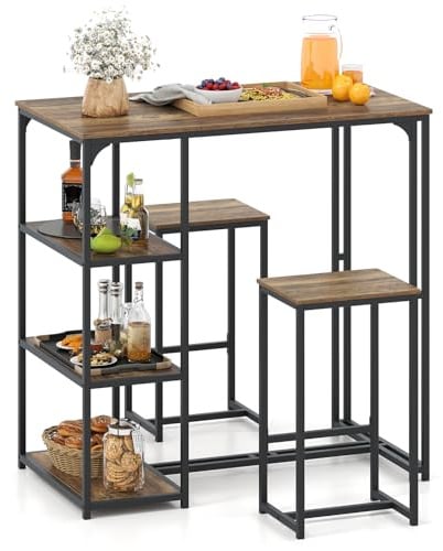 GIANTEX Bartisch mit Barhocker Set, Bartisch Küche mit 3 Ablagefächern, Küchentheke mit 2 Hockern, Essgruppe für 2 Personen, Küchenbar Sitzgruppe Industrial, Esszimmergruppe mit Metallrahmen