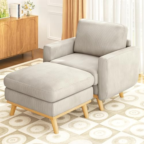 Vesgantti Accent Chair with Movable Ottoman, Comfy Corduroy Armchair with Spring Cushion, Reading Chair with Ottoman, Modern Single Sofa for Living Room, Bedroom and Apartment, Light Grey
