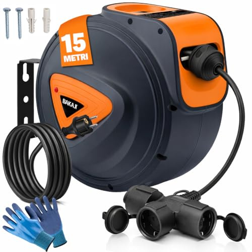 Bakaji Avvolgicavo Elettrico con Cavo Presa Shucko Fissaggio a Parete Muro Sistema blocco automatico, Salvaspazio Avvolgitubo Prolunga Elettrica Professionale e Fai da Te (15 mt 3 Prese)