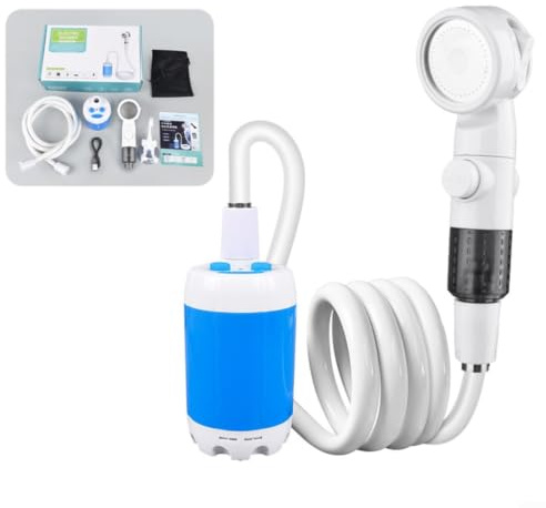 Evenoonest Bomba de ducha portátil para camping, recargable, rociador de cabezal de ducha al aire libre con manguera, 5000 mAh, potencia de doble caudal para caravanas, viajes, duchas de playa, 1