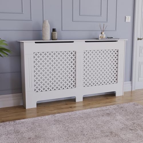 Vida Designs Oxford Radiator Cover – Traditional Cross Pattern, White, MDF, Stylish Design, Heat Efficient, Large, (H 82 x W 152 x D 19 cm)