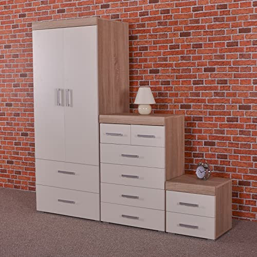 DRP Trading White & Sonoma Oak 3 Piece Bedroom Furniture Set, 2 Drawer Chest, 4+2 Drawer Chest, 2 Door Wardrobe, Complete Bedroom Ensemble, Ideal for Bedroom Organisation, Room Storage, Elegant Decor…