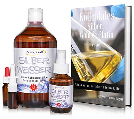 NanoKraft - Kolloidales Silber 1000ml mit 25ppm - hochdosiertes Silberwasser - reine Silber Lösung Laborgeprüft - inkl. Sprühflasche Nasensprayflasche Pipettenflasche Messbecher + E-Book zum Download
