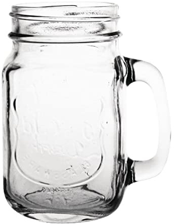 Olympia Handled Mason Jar Glasswasher Safe, 450ml | Retro logo adds quirky style to bar setups, serving overflowing cocktail garnishes in a retro embossed design.