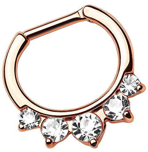 Piersando Piercing Ring für Septum Tragus Helix Ohr Nase Lippe Brust Intim Nasenpiercing Clicker Spitzen mit Kristallen vergoldet Rosegold Rose Gold 1,2mm