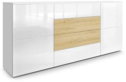 Vladon Sideboard Rova, Made in Germany, Kommode mit 4 Türen und 4 Schubladen, Weiß matt/Weiß Hochglanz/Eiche Natur (166 x 72 x 35 cm)