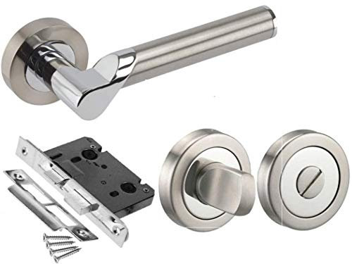 Golden Grace Titan Design Modern Bathroom Door Handle in Duo Chrome Finish with Thumbturn & Bathroom Mortise Lock