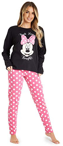 Disney Pigiama Donna - Pigiama Donna Cotone Lungo in Cotone S-XL Pigiami Due Pezzi Stitch Minnie IH Oh - Regali Donna (Nero/Rosa Minnie, M)