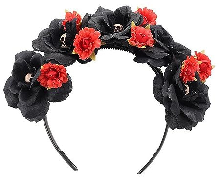 minkissy Karnevalsblumen-Stirnband Tag Des Toten Stirnbandes Mexikanische Schädel Krone Haar Reifen Cosplay Party Kopfbedeckung Halloween Kopfbedeckung Kostüm für Mädchen Frauen Damen