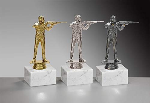 Henecka 🏹 Schießport-Pokal, Schützen-Trophäe, Gewehr-Schütze auf Marmorsockel, mit Wunschgravur, wählbar in 3 Farben (Gold)