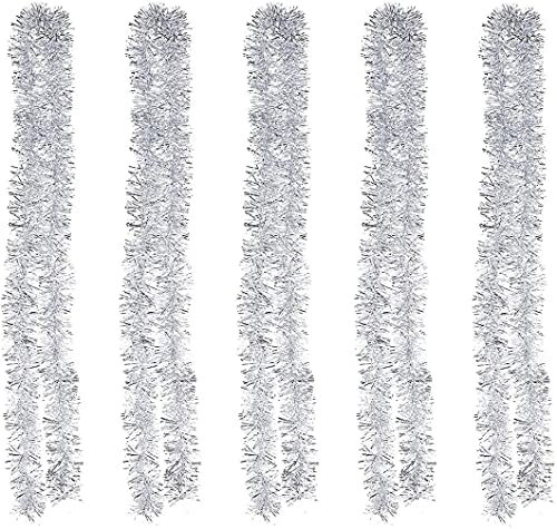 POFET 5PCS Christmas 2m Silver Tinsel Metallic Garland Sparkling Hanging Decoration for Christmas Tree Wreath Wedding Party Supplies