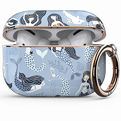 wenew Case Cover kompatibel mit Apple Airpods Pro, Hard Case Cover mit süßen Mustern und Schlüsselanhänger für Mädchen, Kinder, Frauen, Männer (Meerjungfrau)