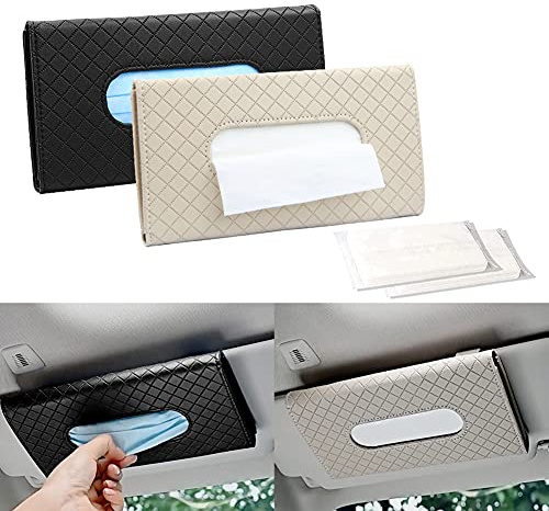 Car Tissue Holder,2 Pcs Sun Visor Napkin Clip Holder PU Leather Tissue Box Holder Mask Holder Car Sun Visor Accesories for Men Women (Black and Khaki)