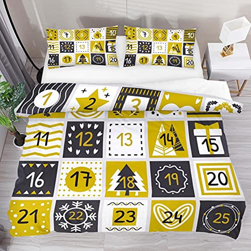 Weihnachts-Adventskalender, gelbes Karomuster, 3-teiliges Bettbezug-Set, atmungsaktives Tencel-Bettwäsche-Set mit 2 Kissenbezügen, Anti-Falten-Bettwäsche-Sets für Kinder und Jugendliche
