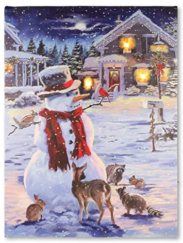 Nexos Trading LED Wandbild Beleuchtung 30x40 cm Bescherung Schneemann 3 LED Fotodruck Kunstdruck Leuchtbild Weihnachten Batterie Timer 20 Glasfiber Effekt-LED Weihnachtsabend